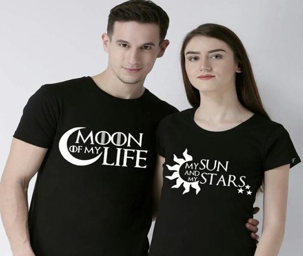 Round Black Cotton Couple T-Shirt