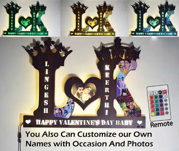 Customized Valentine Day Couple Photo Alphabet A TO Z Wooden Name Board Multi Color Led