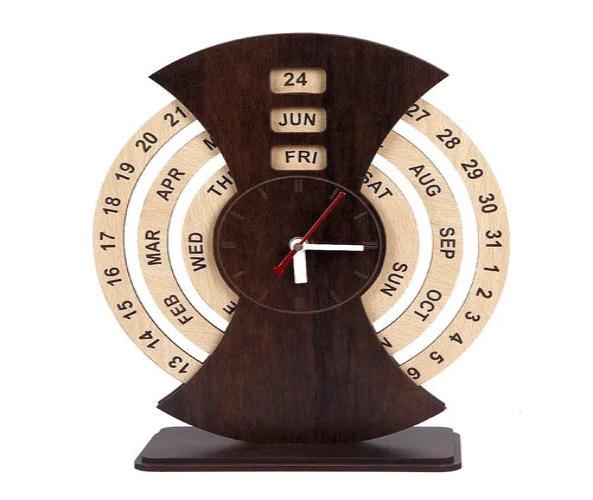 Wooden Lifetime Infinite Calendar with Clock Desk Calendar Round Shape