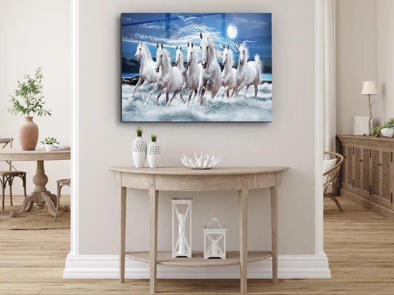 White Stallions - Lucky 7 running horses Vastu - Glass Wall Art -Housewarming Gift - Interior Design Ideas-