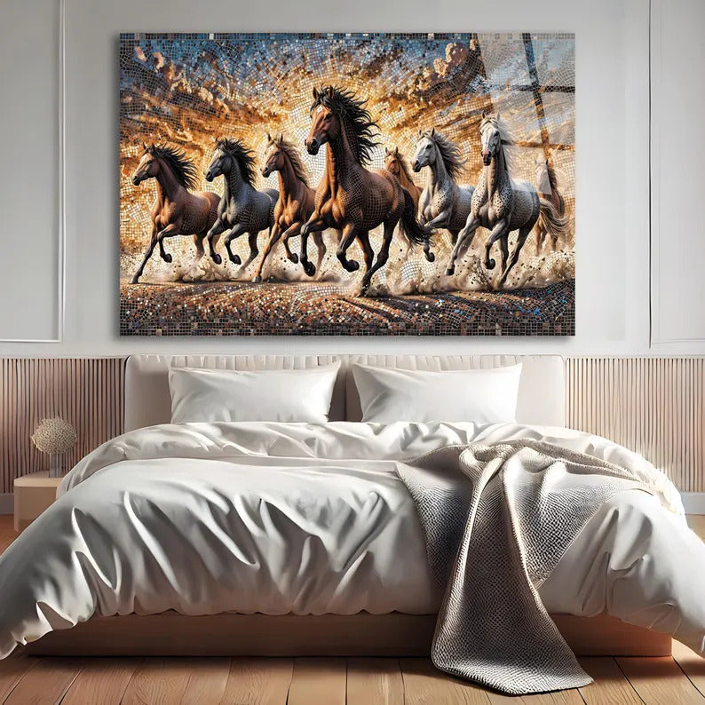 Lucky 7 Running Horses Glass Printing Wall Art - Tempered Glass Wall Art-Home Decoration-Interior Design Ideas-Perfect Gift For Your Lovers