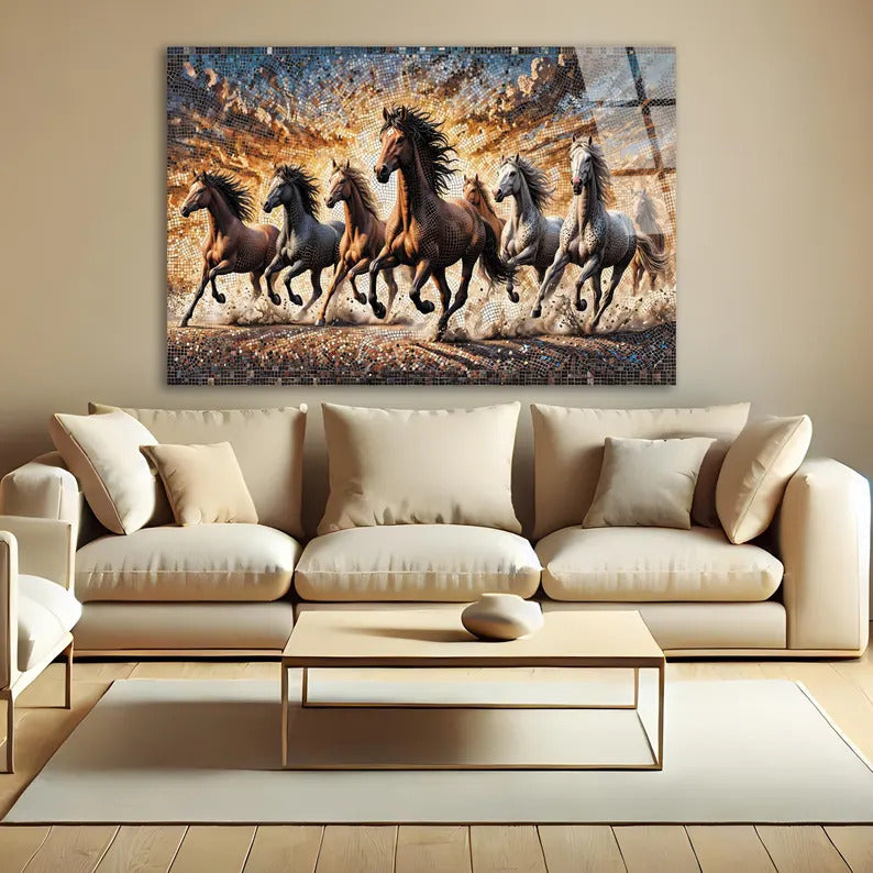 Lucky 7 Running Horses Glass Printing Wall Art - Tempered Glass Wall Art-Home Decoration-Interior Design Ideas-Perfect Gift For Your Lovers