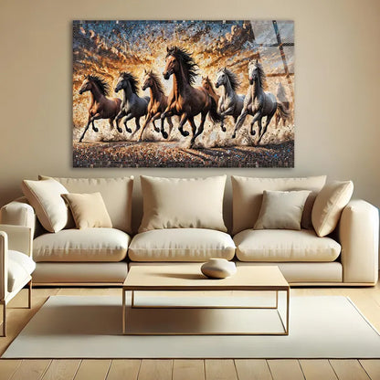 Lucky 7 Running Horses Glass Printing Wall Art - Tempered Glass Wall Art-Home Decoration-Interior Design Ideas-Perfect Gift For Your Lovers