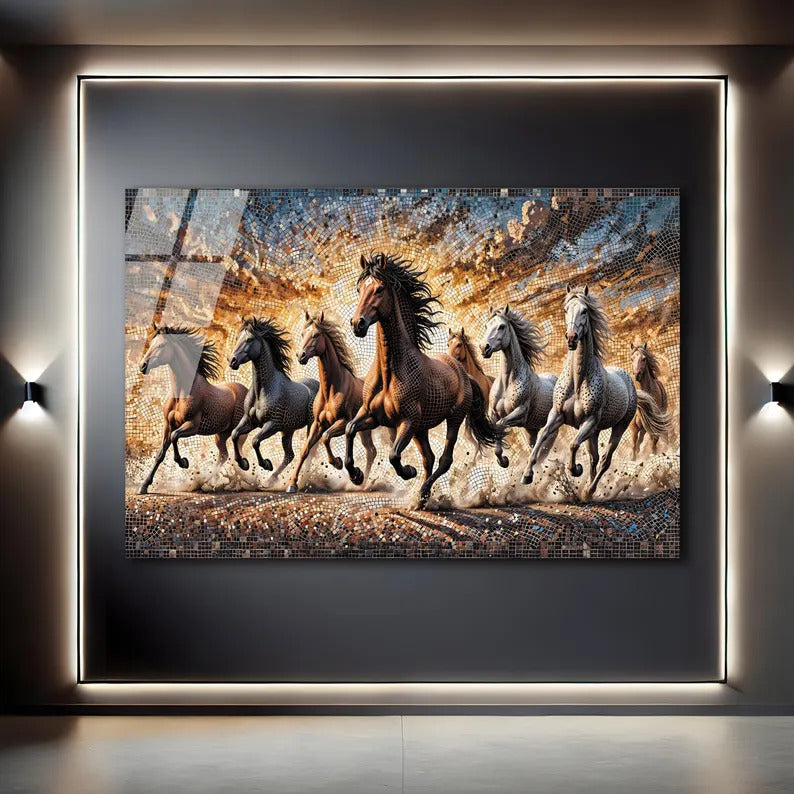 Lucky 7 Running Horses Glass Printing Wall Art - Tempered Glass Wall Art-Home Decoration-Interior Design Ideas-Perfect Gift For Your Lovers