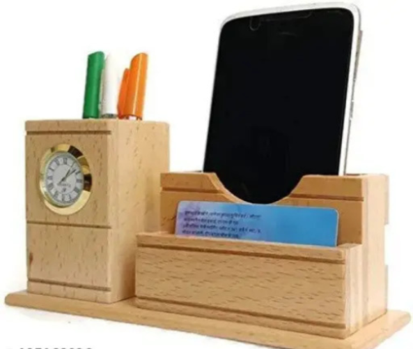 Wooden Pen Stand with Clock