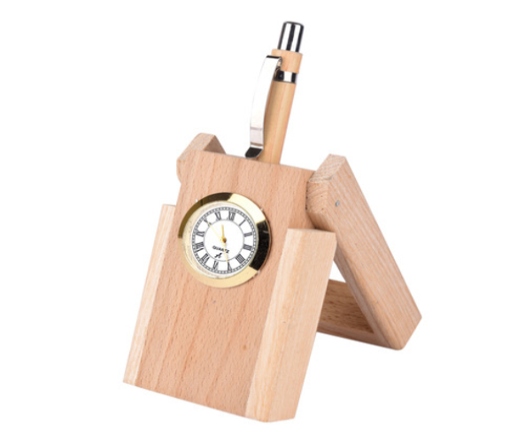 Classic Wooden Pen Holder Stand with In-Built Watch