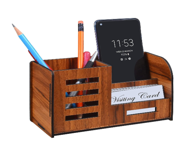 Custom-Made Brown Wooden Pen Stand for Office Desk