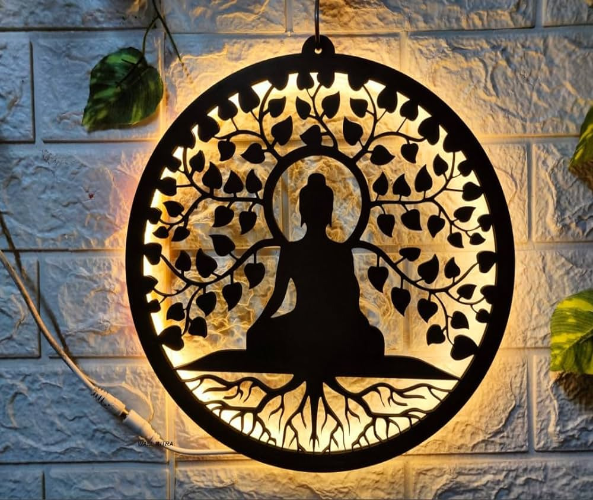 Gautam Buddha MDF Wood Backlit Wall Art With White LED