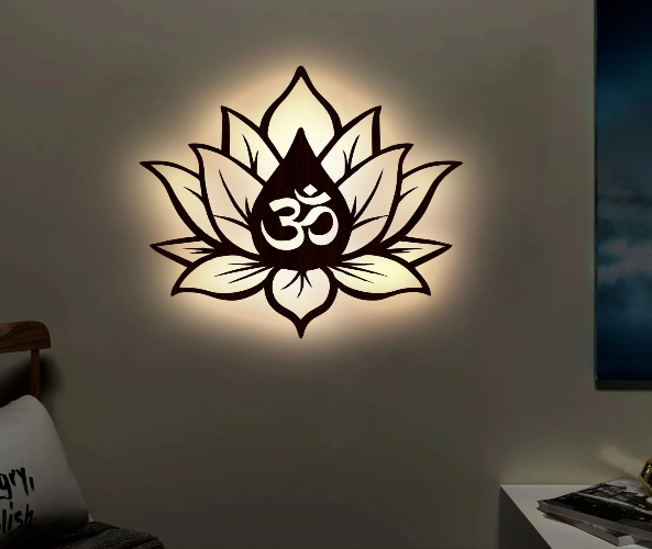 Hindu OM inside Lotus Flower Backlit Wooden Wall Decor with LED Night