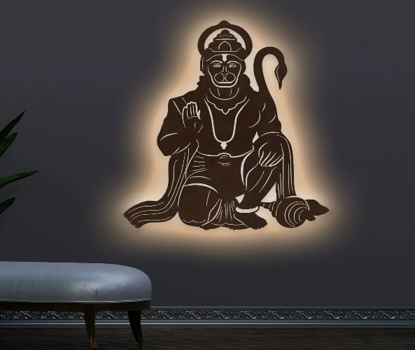 Lord Hanuman Laser Cut Wooden Brown Decorative LED Backlit