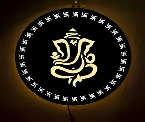 Ganesh Ji Neon LED Wall Decor, MDF Wood Backlit Wall Art