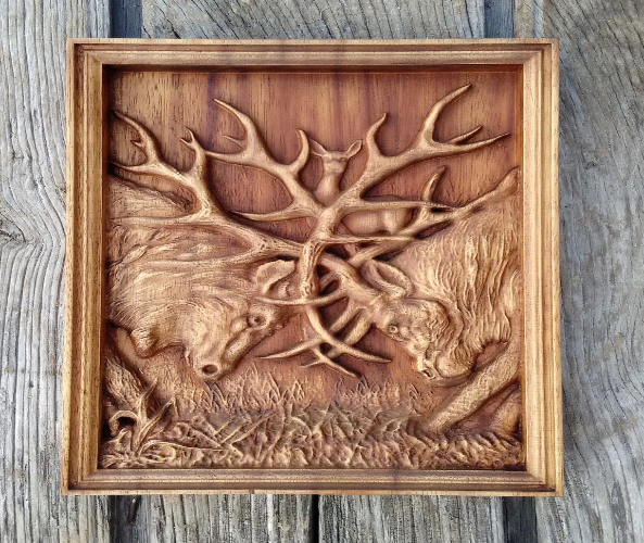 Deer Duel Wood Carving Rustic Wall Decor for Nature Enthusiasts