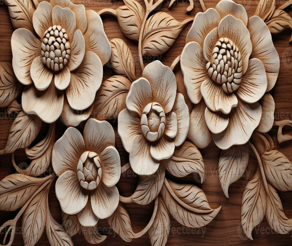 Carving Natural Wooden Flowers, 3D Pattern, Brown and Beige