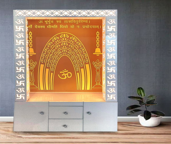 3D Corian Om Mandir with WPC Jali Pillar and Drawer