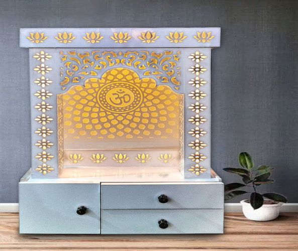 3D Corian Om Mandir with WPC Jali Pillar and Drawer