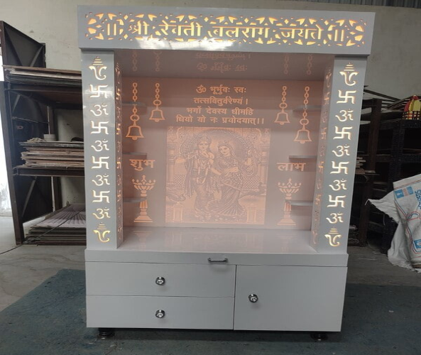 3D Corian Radha Krishna Puja Mandir With WPC Pillar & WPC Drawers