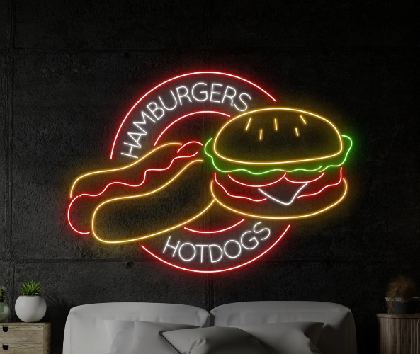 Hamburger Hotdog Neon Sign, Fast Food Led Sign, Burger Decor Store, Fast Food Neon Light