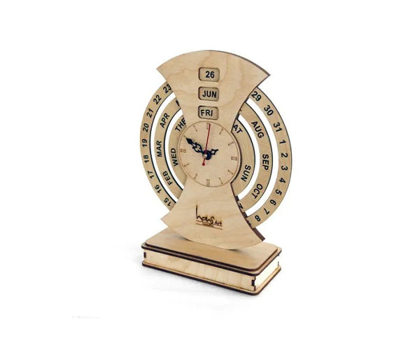 Wooden Lifetime Infinite Calendar with Clock - Round Shape